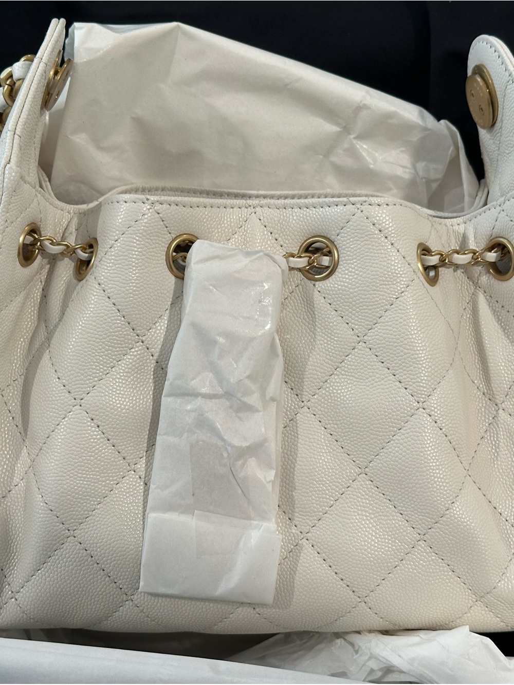 CHANEL 25 White Caviar Leather with Gold Hardware